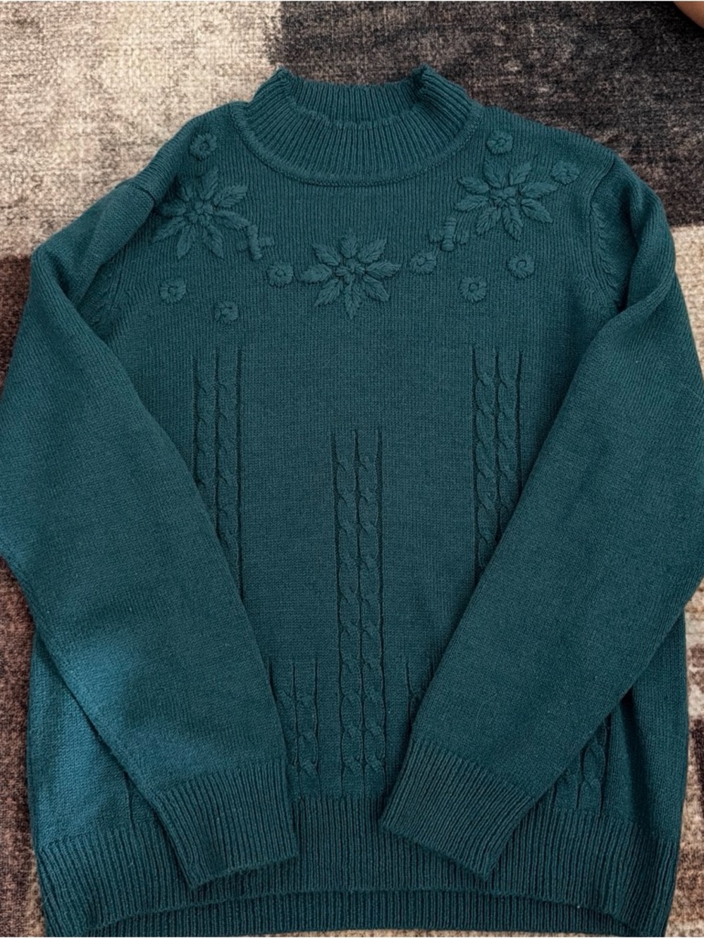 Dark Teal Cable Knit Sweater with Floral Detail